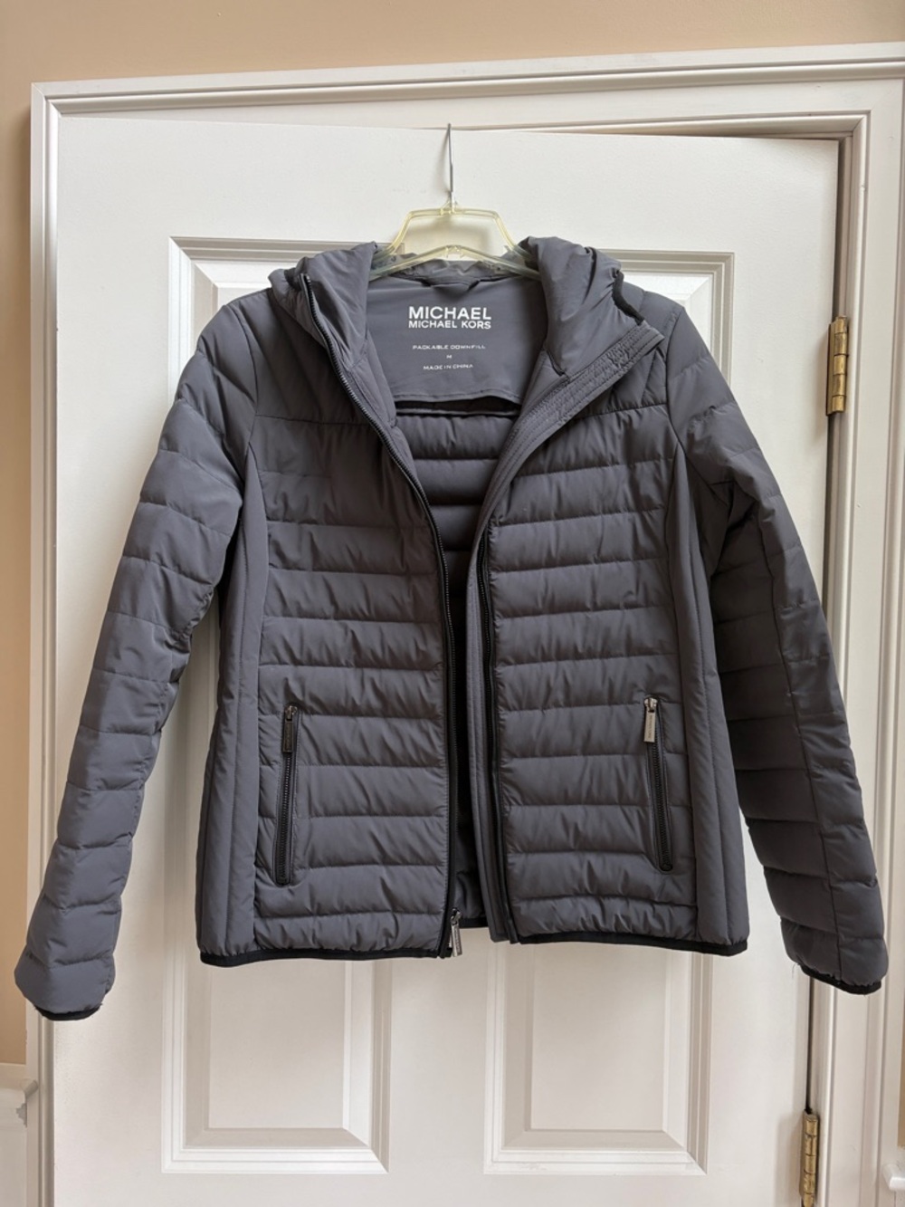 Michael Kors Charcoal Quilted Hooded Puffer Jacket with packable bag
